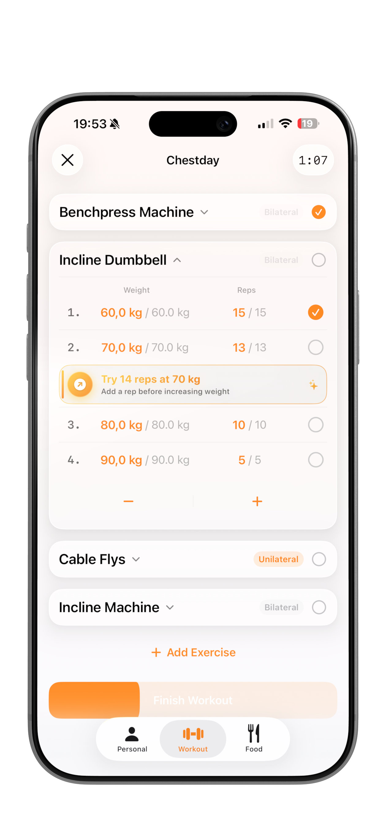 Active workout with progression helper in Muscles